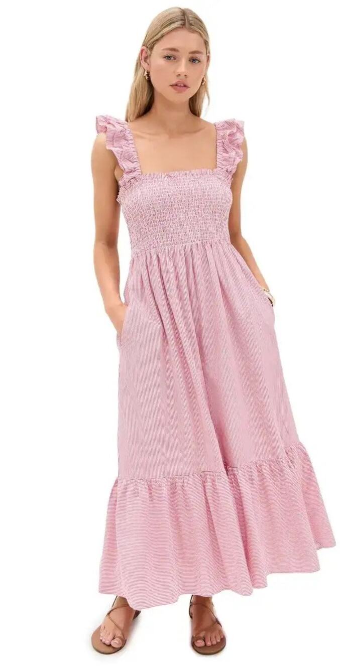 Marea Womens Large Red Sasco Maxi Dress Smocked Brunch Garden Party Vacation